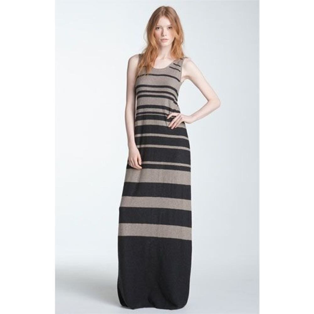 Vince Striped Cotton Sleeveless Tank Knit Maxi Dress Beige Brown Summer Size M